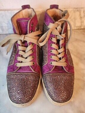 Christian Louboutin Purple Suede Crystal-Embellished High-Top Sneakers Size 39